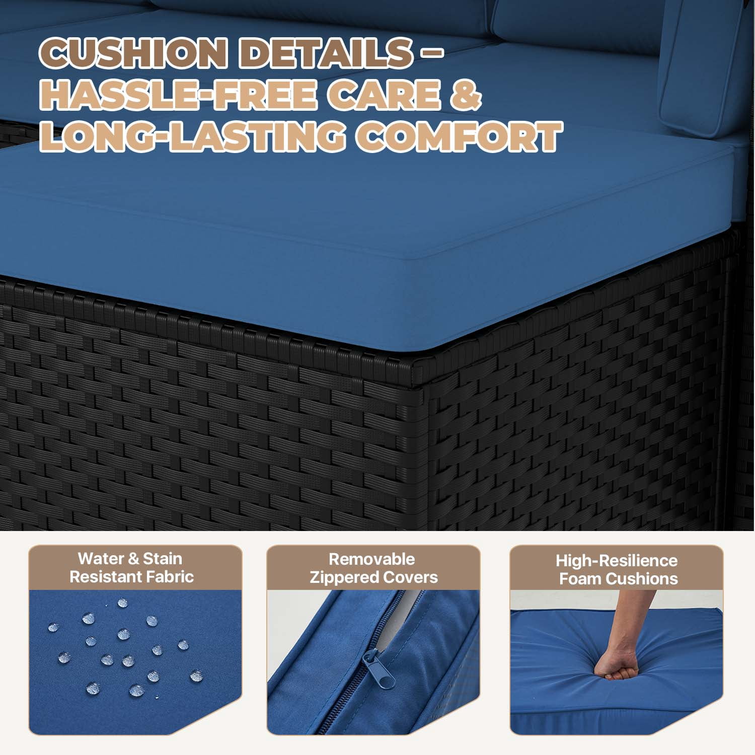 BaPiPro 5 Piece All-Weather PE Rattan Modular Patio Furniture Set, Sectional Conversation Sofa with Thick Removable Cushions & Tempered Glass Coffee Table for Backyard Poolside Garden, Navy Blue