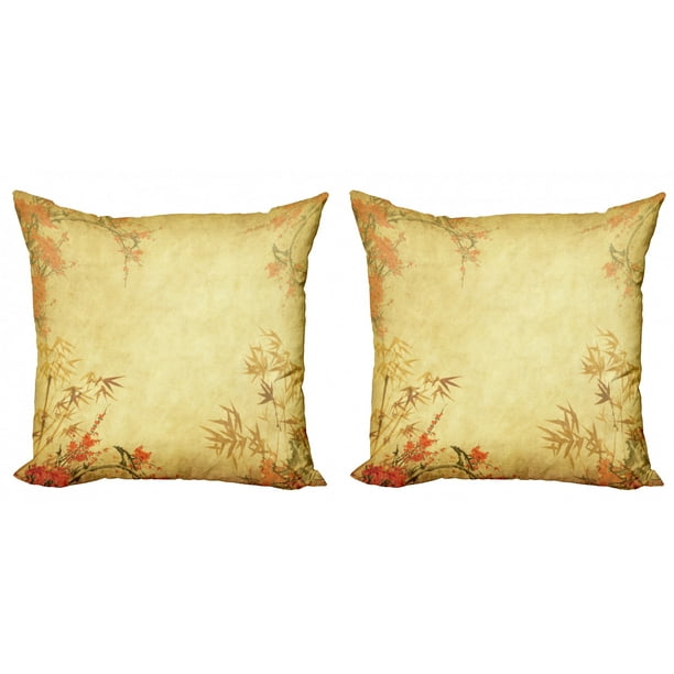 Bamboo Throw Pillow Cushion Cover Pack of 2, Bamboo Stems and Blooming