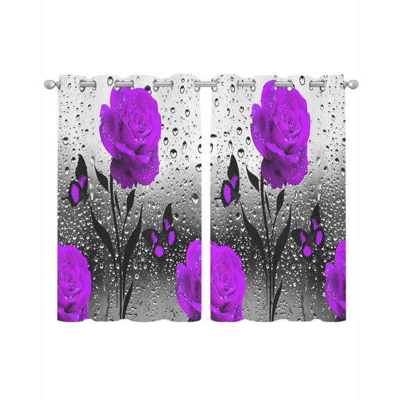 Purple Rose Sheer Curtains 39 Inch Length 2 Panels Set for Living Room/Bedroom, Raindrops Floral Butterfly Abstract Grey Art Kitchen Curtains Grommet Semi-Sheer Curtains Window Treatments 27.5"x39"x2
