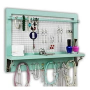 Spiretro Shabby Chic Turquoise Wall Mount Wooden Jewelry Organizer Holder Rack with Hooks Shelf and Removable Rod Hanging Display Earrings Necklaces Bracelets Rings Storage Accessories