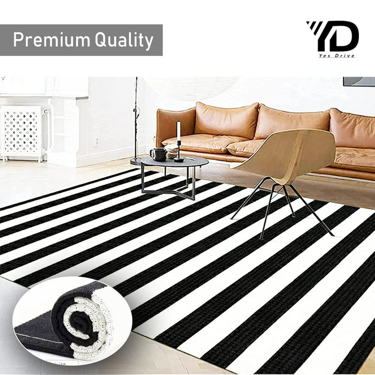 Black and White Striped Outdoor Rug, 3'x5' Cotton Modern Front Porch Door  Mat Hand-Woven Reversible Patio Rug Washable Layered Doorway Carpet for
