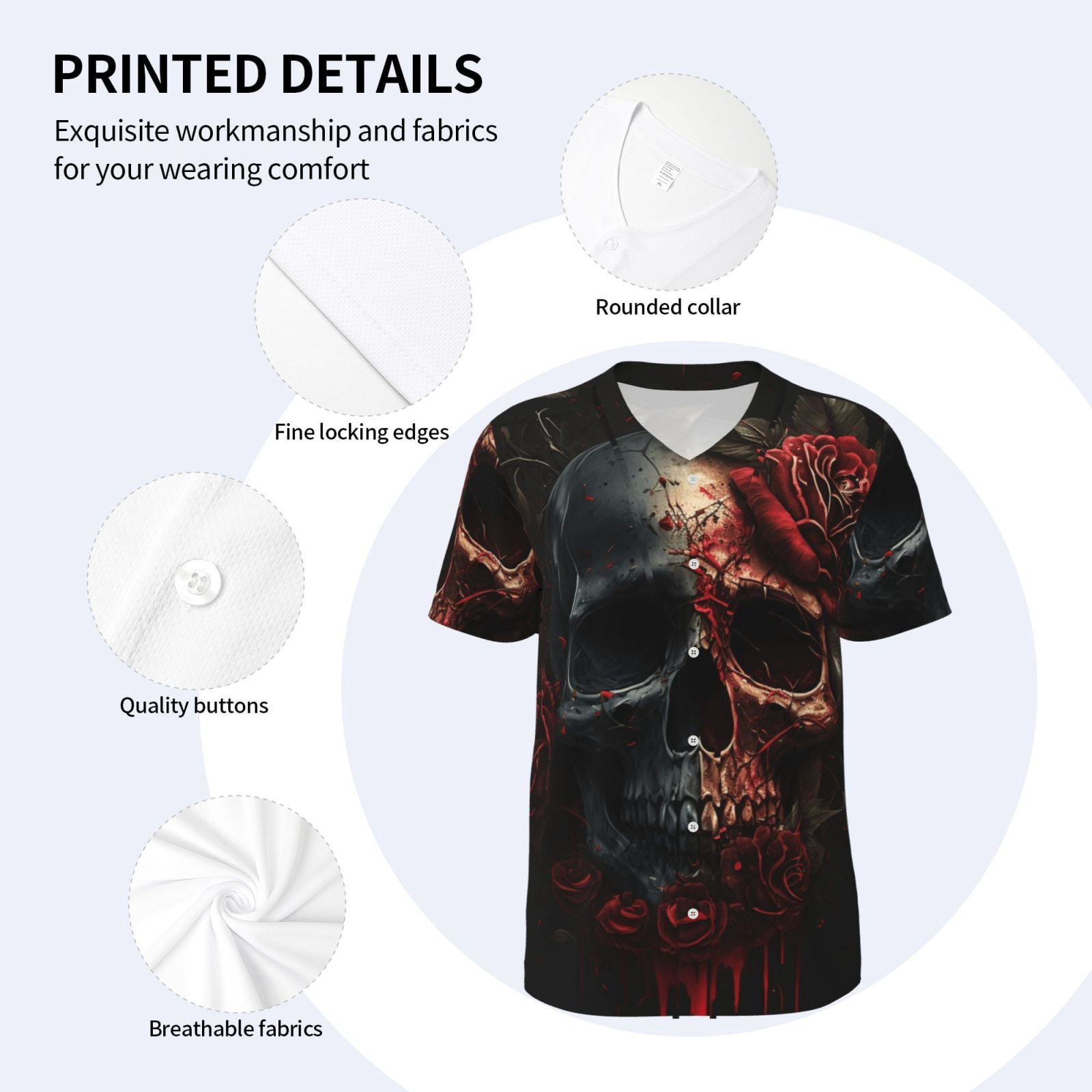 Mens Graphic Baseball T Shirt Short Sleeve Summer Casual Tee Top Jersey, Blood Skull Roses