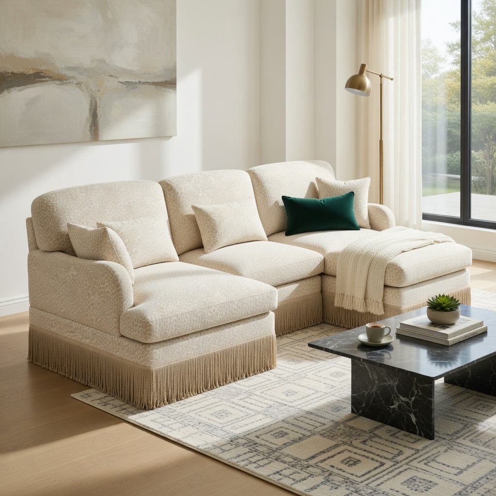 Hommoo Leopard Print Chenille Loveseat Sofa with Movable Ottoman & Tassel Trim, 2-Seat Modern Deep-Seat Couch for Living Room, Beige