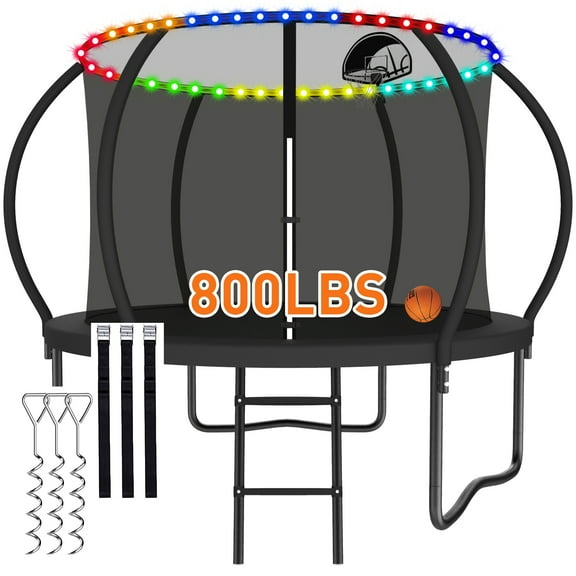 CITYLE 8FT Trampoline with Enclosure Net and Lights, Outdoor Trampoline for Kids and Adults, 800LBS Trampoline with Basketball Hoop, Galvanized Steel Heavy Duty Trampolines with Wind Stakes