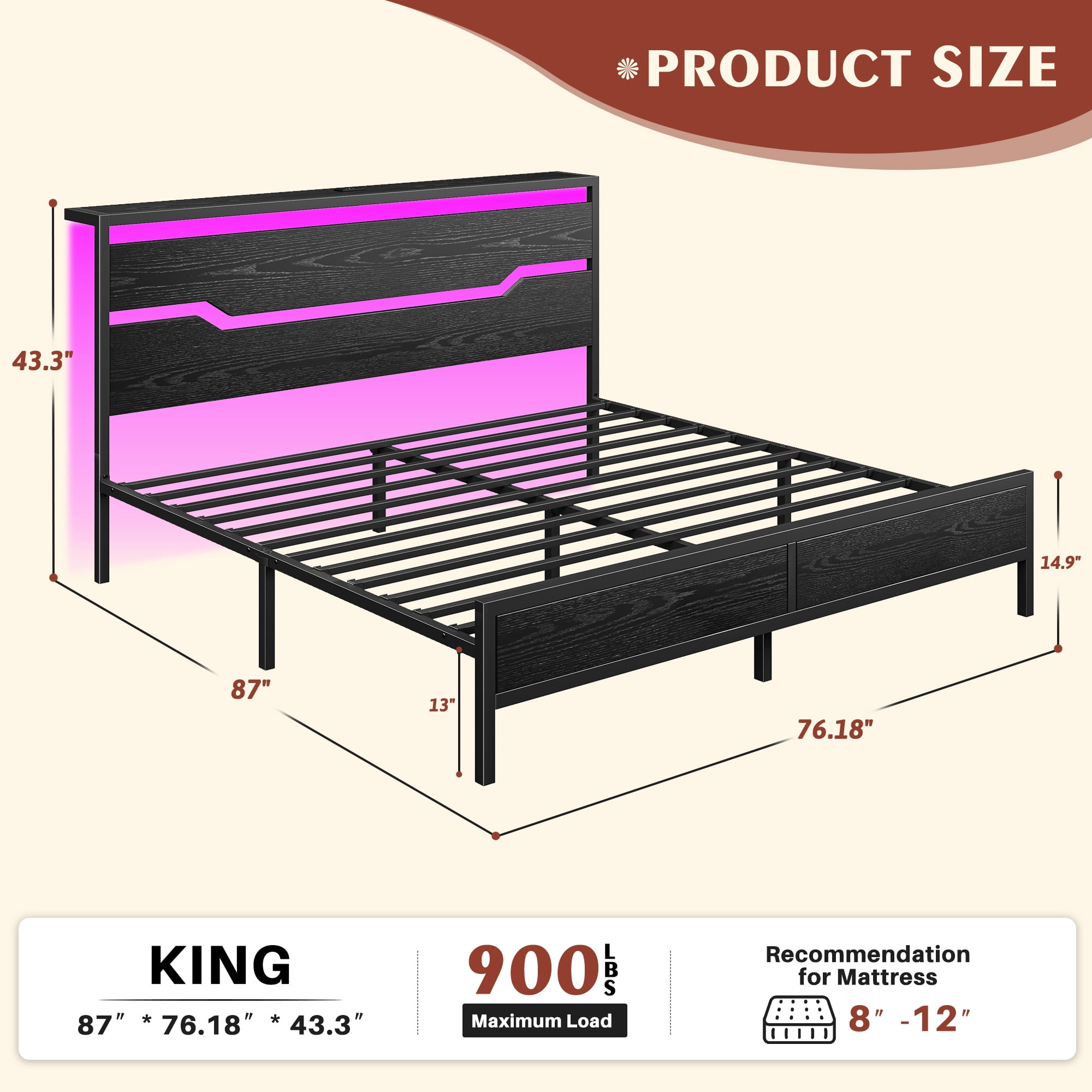 EnHomee  Metal Bed Frame with Headboard  King Size Metal Bed Frame with Storage & Charge Station & LED Lights & 13" Under-Bed Storage, Black