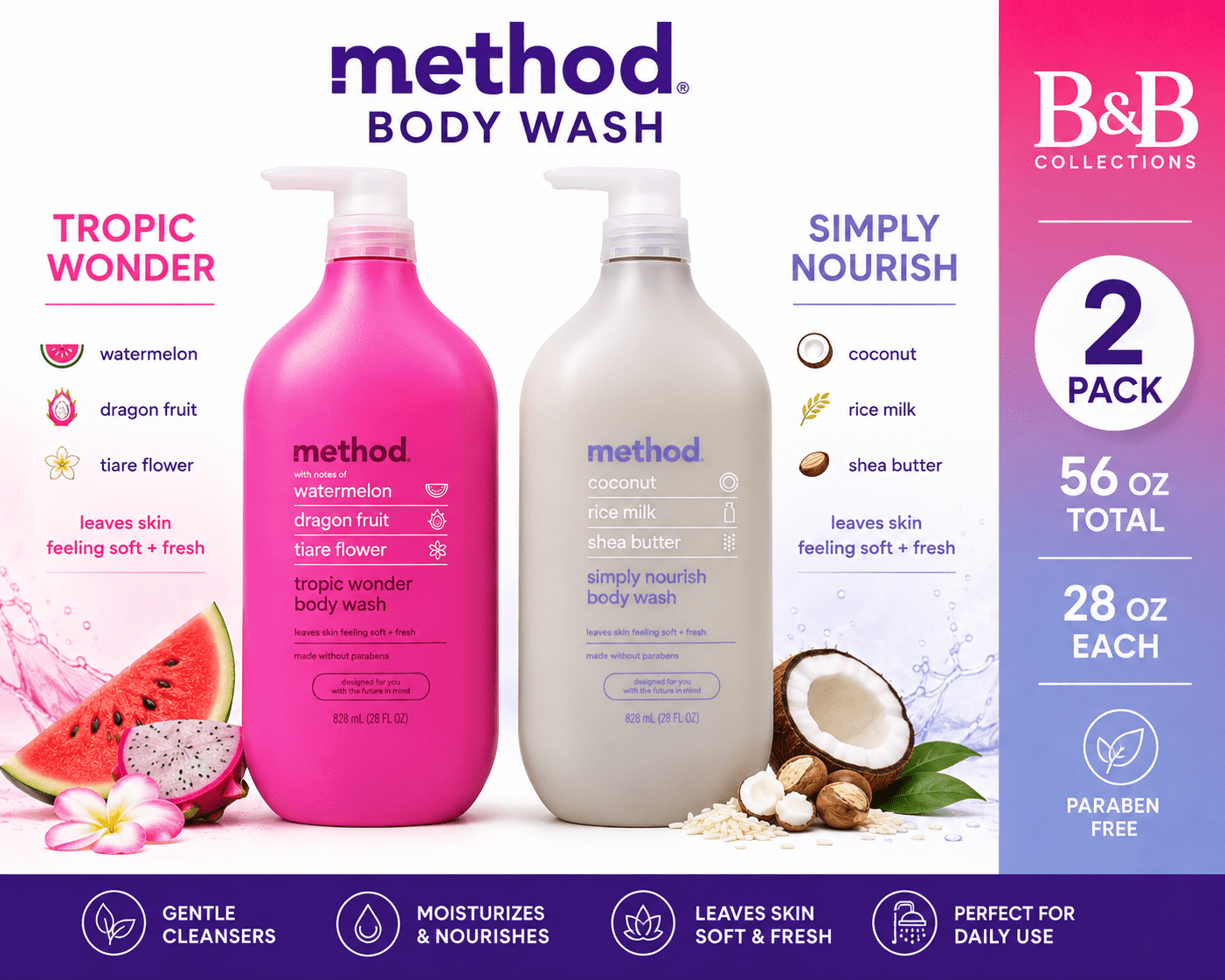 Method Body Wash Set, 2 Pack, 28 oz Each – Tropic Wonder & Simply Nourish – Coconut Rice Milk Shea Butter & Watermelon Dragon Fruit – Paraben Free Moisturizing Body Wash