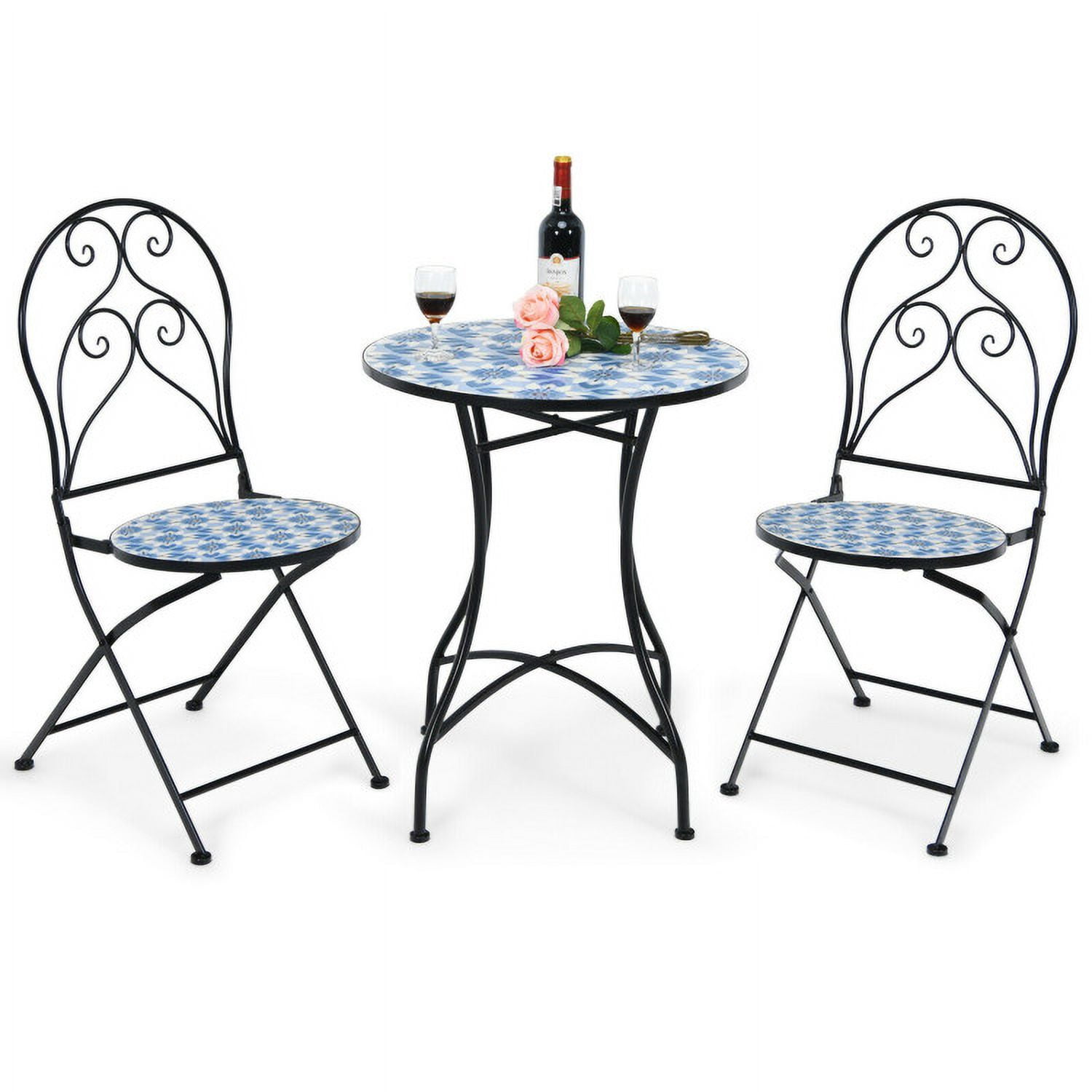 Aimee Lii 3 Pieces Patio Bistro Set with Folding Chairs and Round Table, Patio Conversation Sets, Blue
