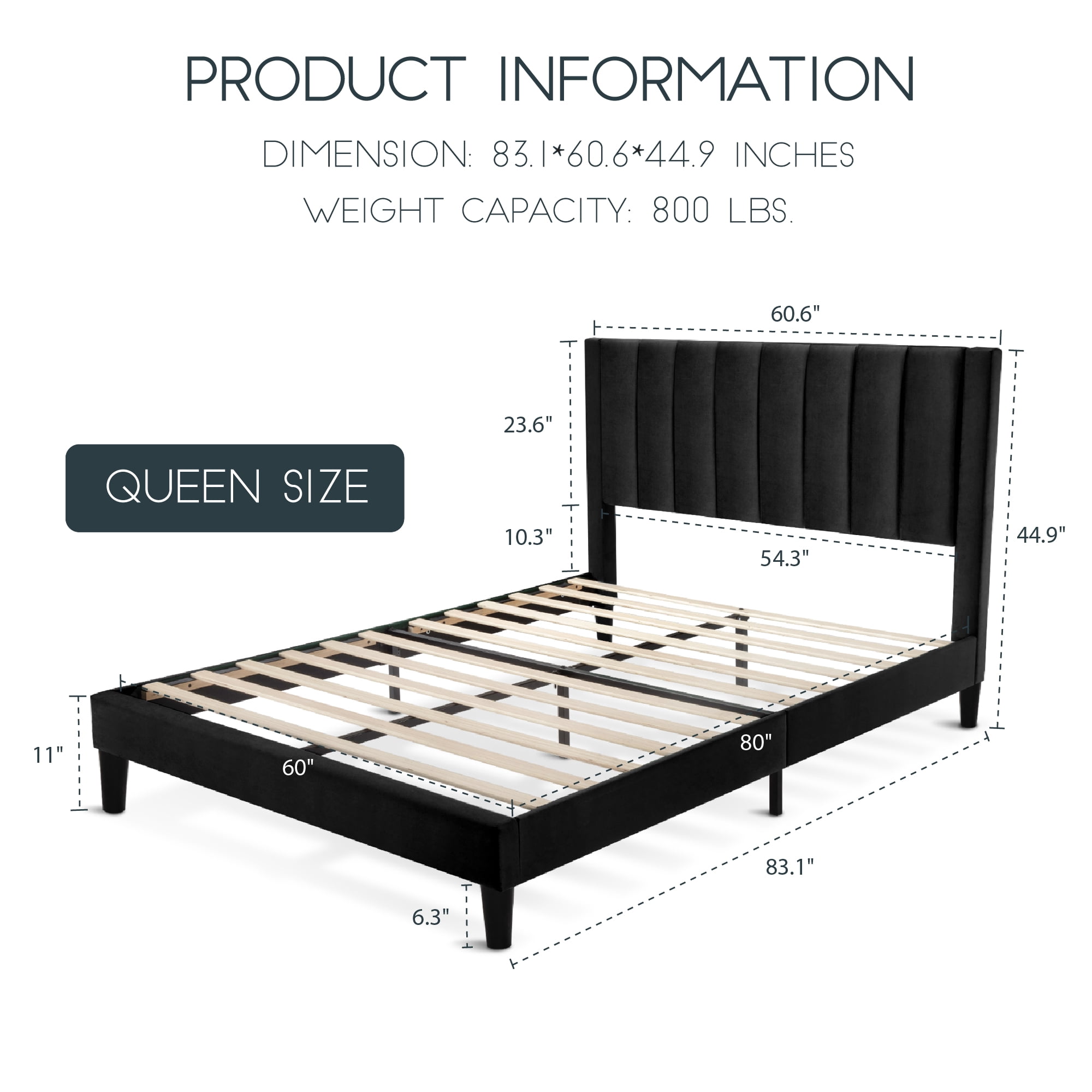 Einfach Queen Size Platform Bed Frame with Upholstered Velvet Vertical Headboard, Black