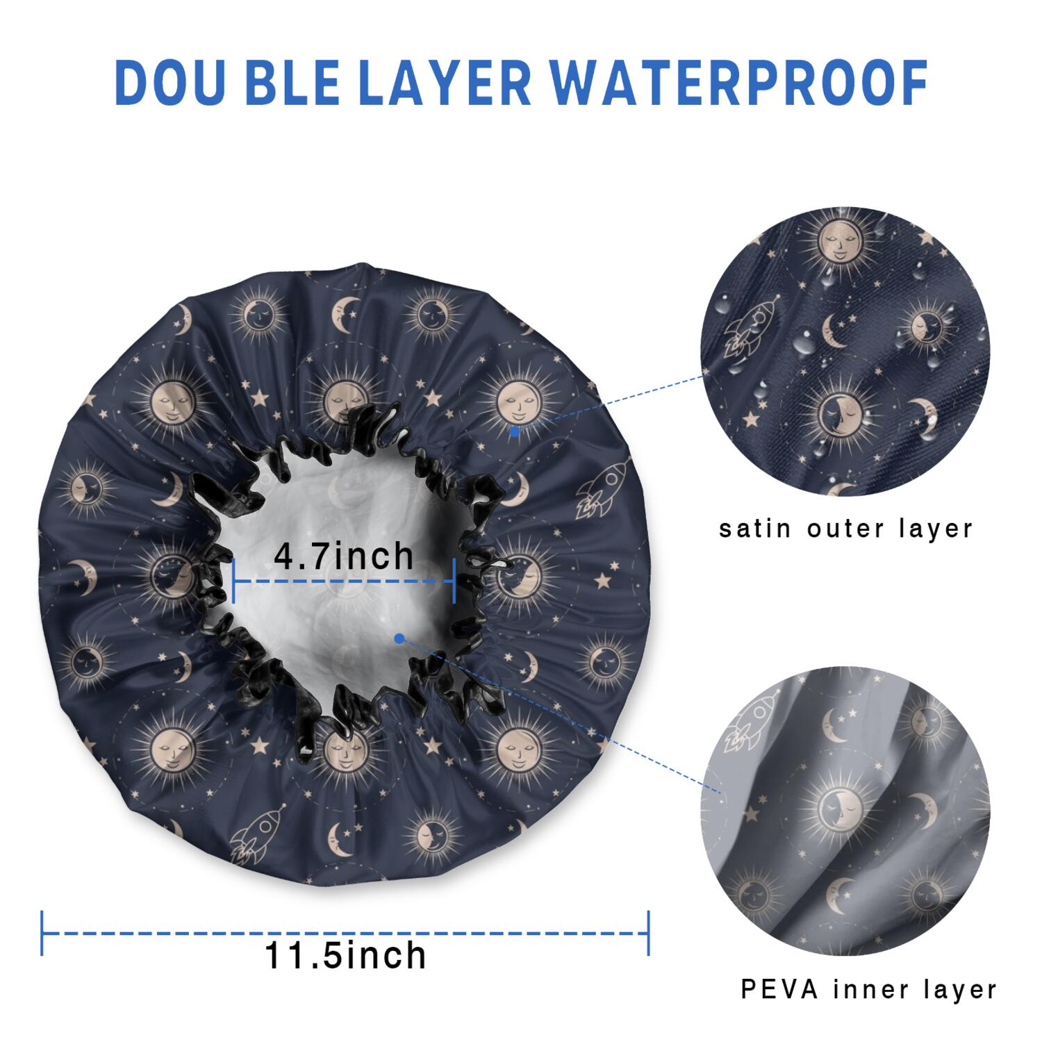 Shower Caps,Dark Blue Sun Moon Rocket Pattern Waterproof Shower Cap for Women 4 Pieces,Double Reusable Hair Cover for Shower PEVA Elastic Stretch Hem