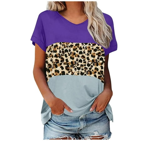 

RKZDSR Crew Neck Leopard Print Tops Bodycon Sexy Shirts Plus Size Relaxed Fit Blouses Discount Shirts Cotton Scrub Tops Tees Womens Short Sleeve Tshirts Purple M