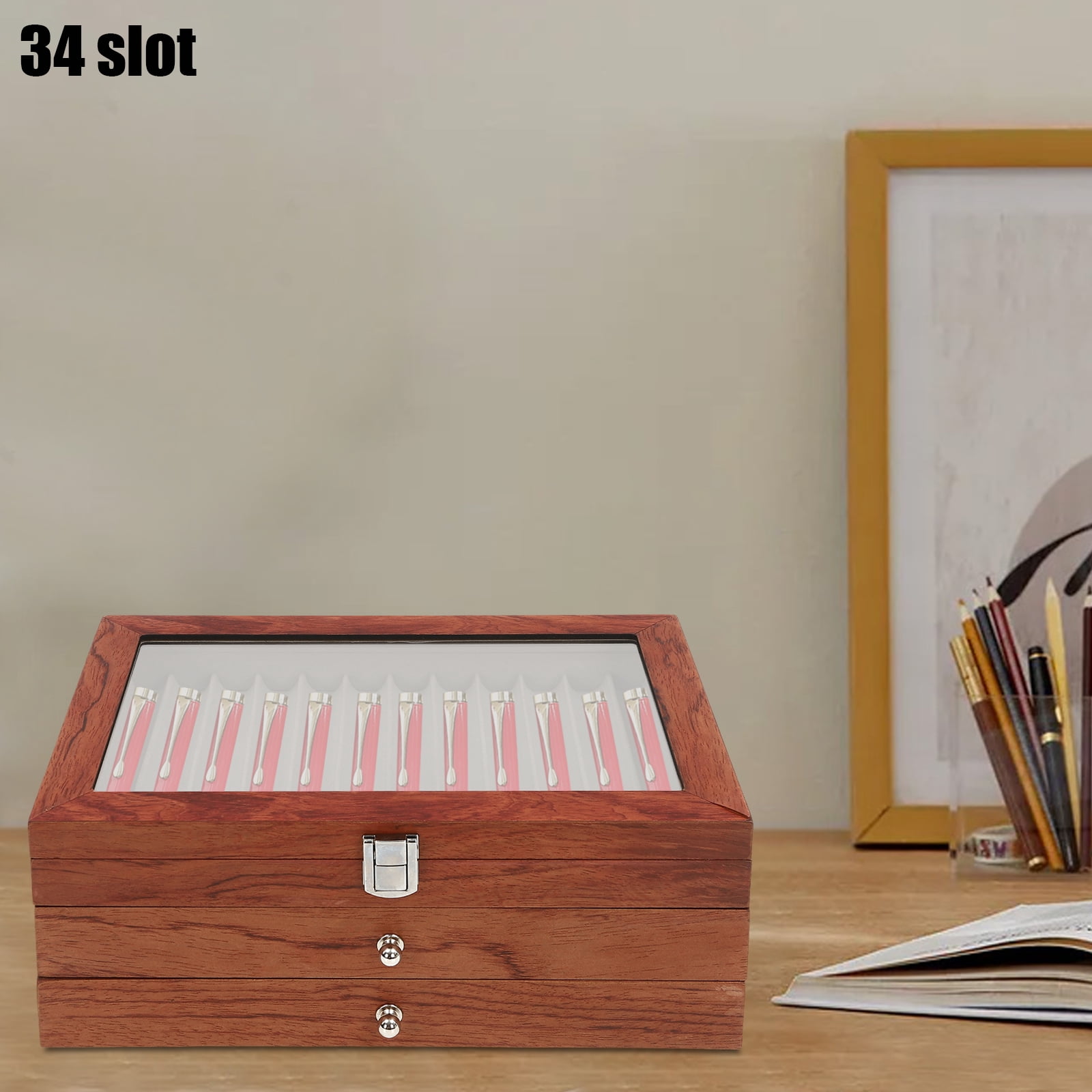 Wildnix Pen Box with 3-Tier Design, 34 Separate Compartments, &nbsp; Rosewood and MDF Construction, Velvet-Lined for Protection, Vintage Style with Smooth Finish, Ideal Gift for Pen Collectors