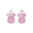 thumbnail image 2 of BemeyourBBs Newborn Baby Girl Baseball Outfit Infant Baby Girl Summer Clothes Plaid Gingham Bubble Romper Baseball Embroidery Doll Collar Short Sleeve Infant Bodysuits Jumpsuits with Headband, 2 of 9