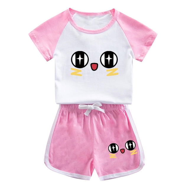 Geire Ensemble d'Été Garçon Fille Dessin Animé Raglan Manches Courtes + Shorts Taille à Cordon 2 Pcs Vêtements Décontractés
