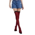 thumbnail image 1 of Qarigey Paquete de 2 calcetines a rayas de talla grande hasta el muslo, elasticidad, transpirabilidad, cómodos, cálidos, apariencia de moda, medias Medias negro rojo Qarigey AP008874-26, 1 of 6
