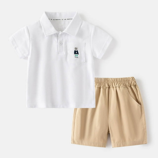 LSLJS Mode Ensemble de Shorts Décontractés à Manches Courtes pour Garçons, Col Rabattu, Bouton, Vêtements d'Été Tendance 2024