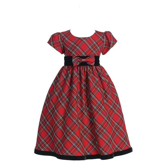 Plaid Dress with Velvet Trim Red