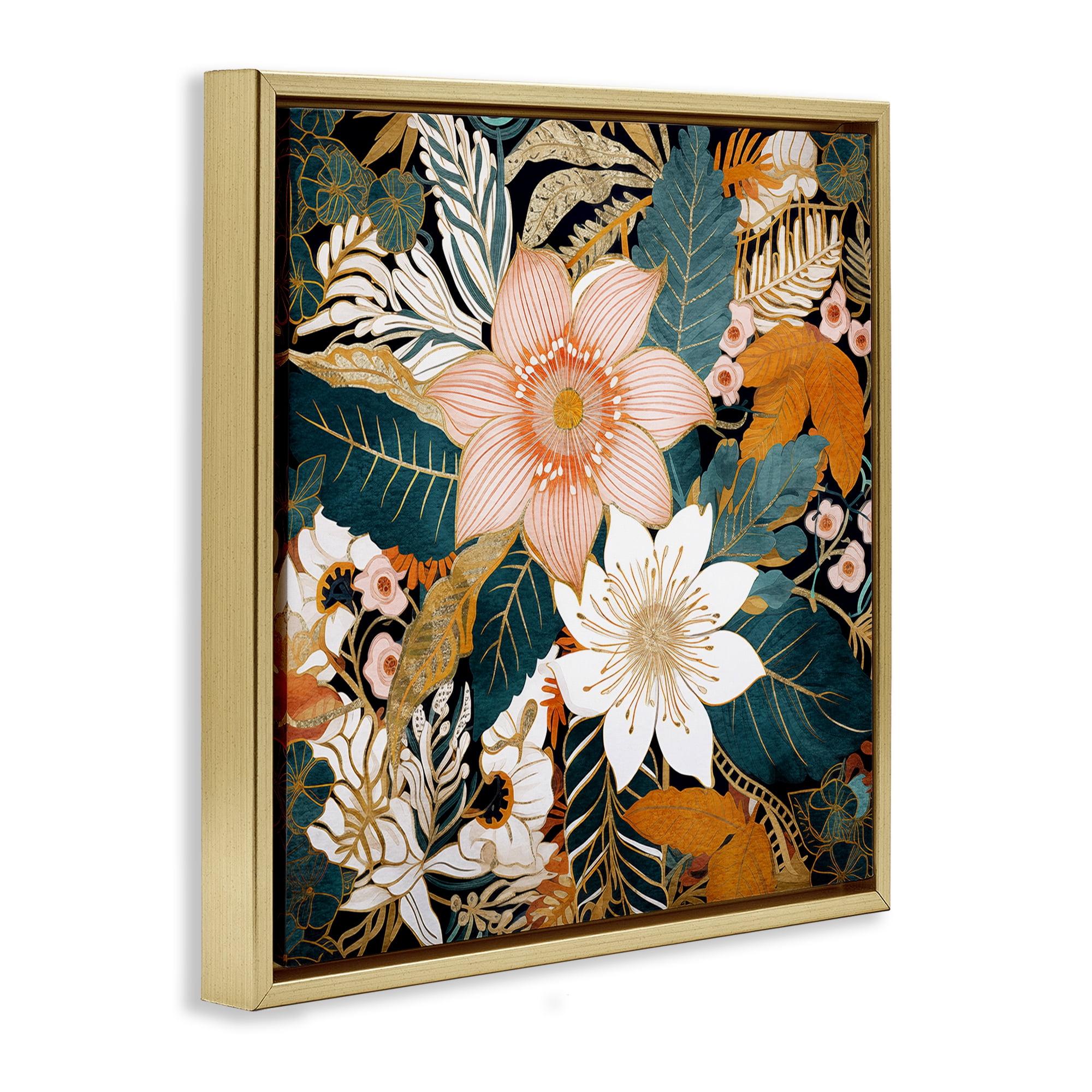 Stupell Industries Boho Flower Pattern Botanical & Floral Painting Gold Floater Framed Art Print Wall Art, 25 x 25