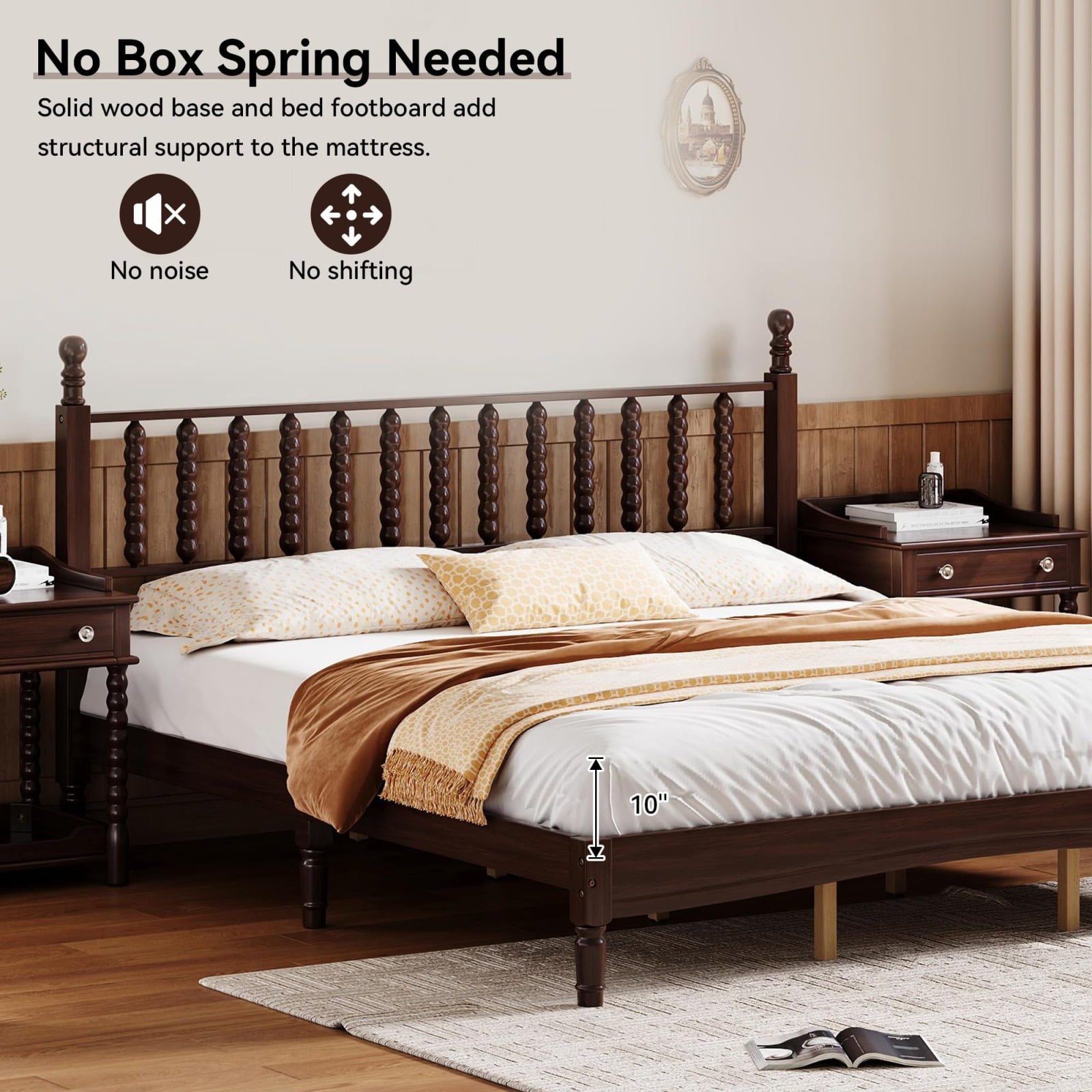 Full Size Bed Frames with Gourd Shaped Headboard, Vintage Natural Wood Platform Bed, Western Spindle Beds, Noise Free, Easy Assembly, Walnut