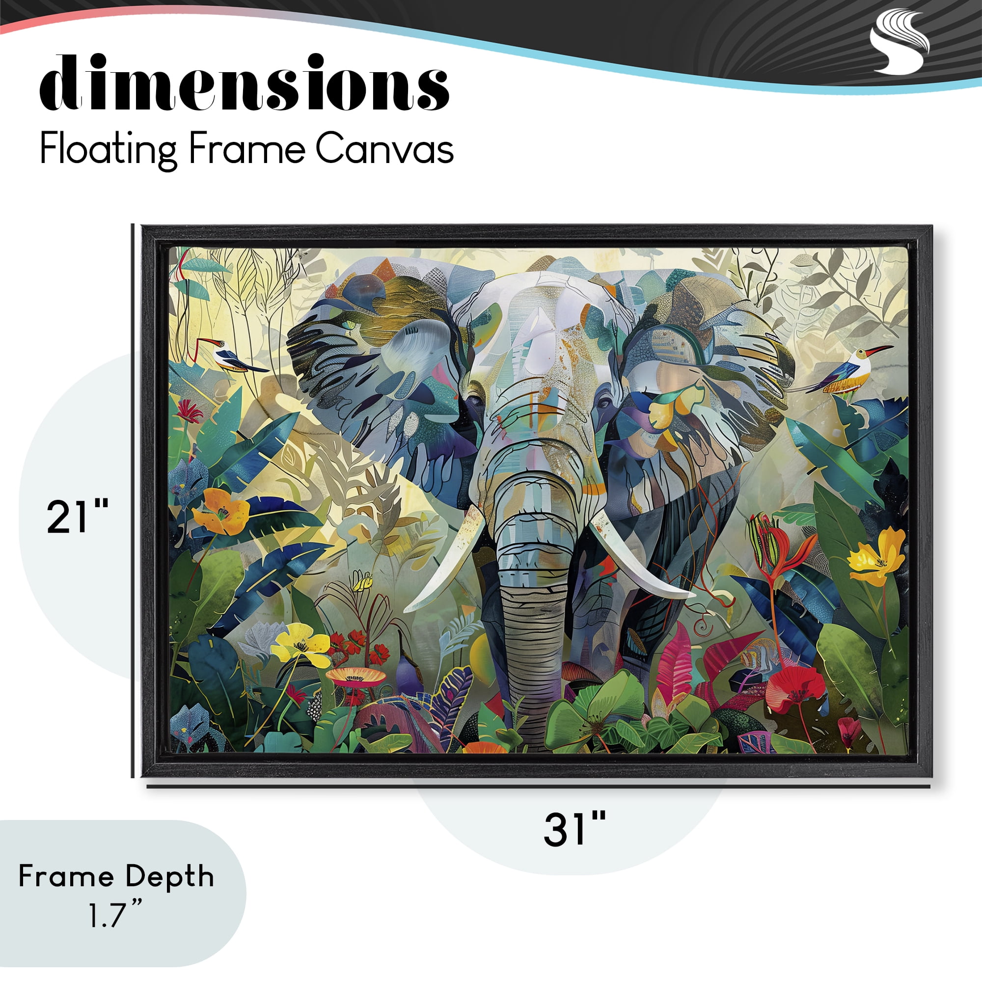 Stupell Industries Elephant's Realm in Tropical Bloom Black Framed Floater Canvas Wall Art, design by Lazar Studio