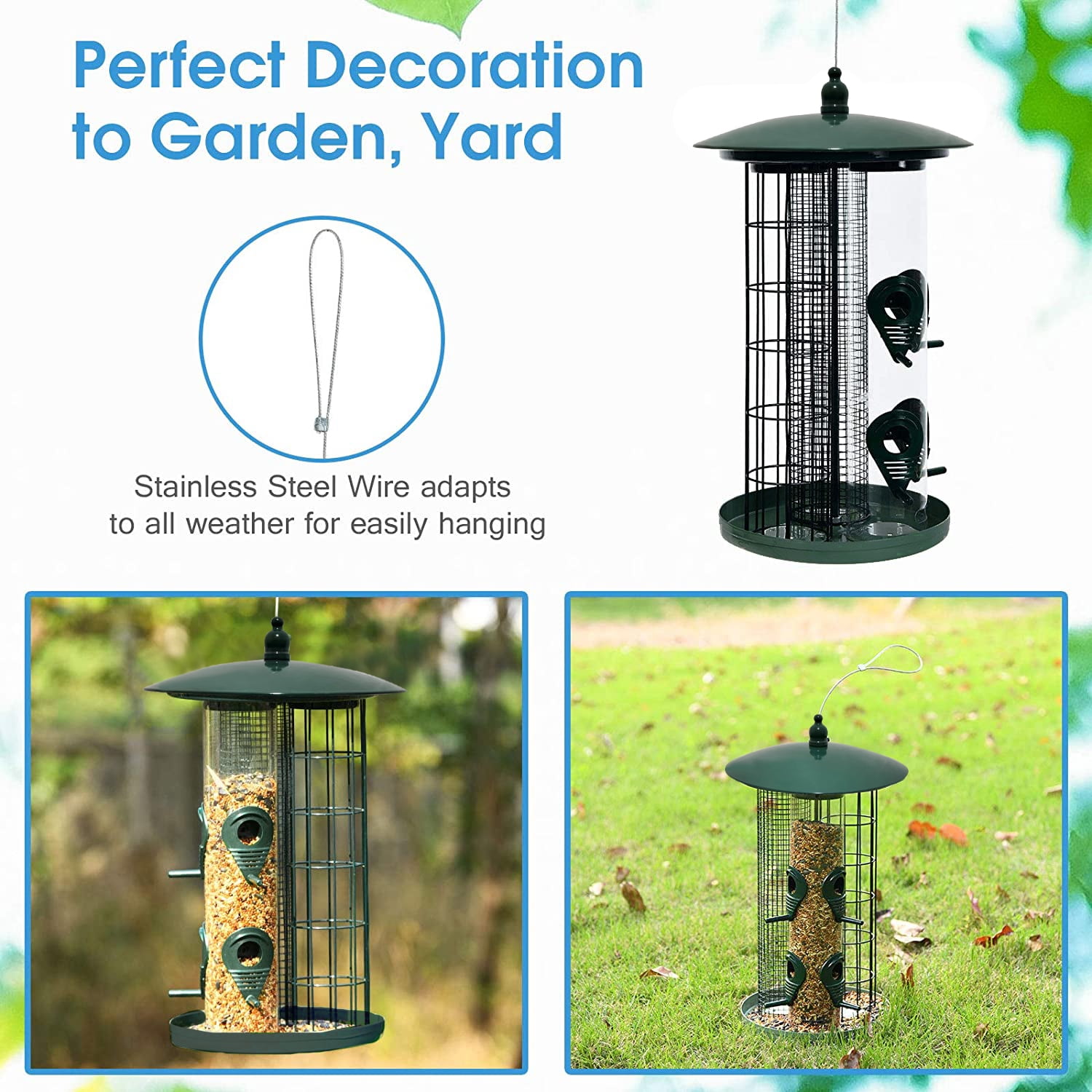 Centurion 3-in-1 Metal Hanging Wild Bird Feeder Outdoor w/3 Feeding Ports & Perches Multi-Colored