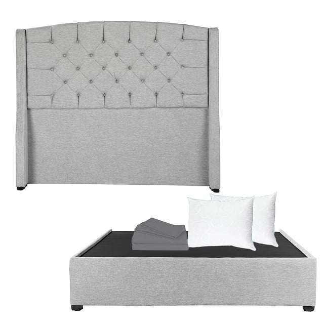 Box Base Cama Matrimonial+Cabecera Sitka Plata+Almohada Oso 2+Sabanas Basic