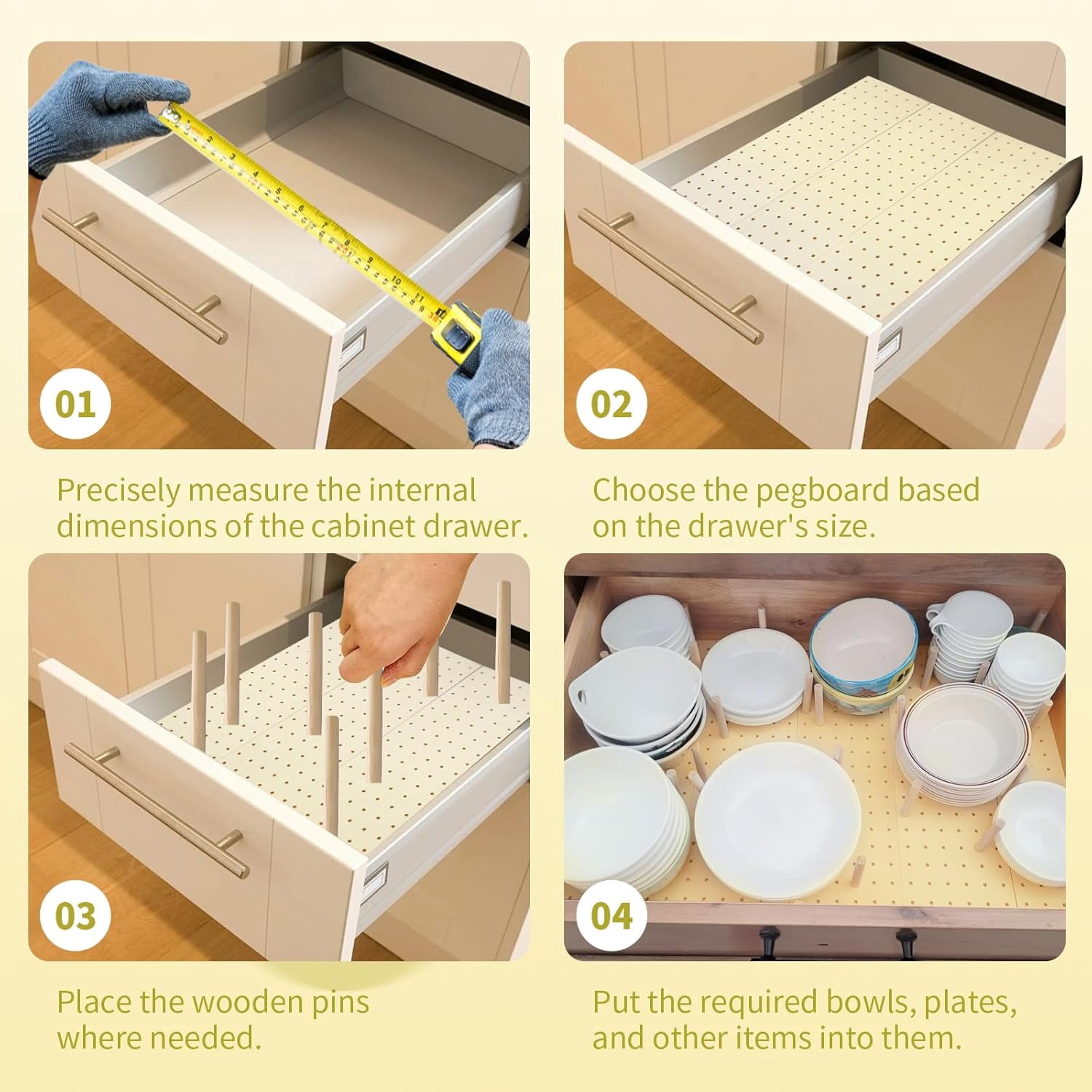 8 Pcs Wood Pegboard Drawer Organizer with 80 Adjustable Pegs for Kitchen Utensils and Dishes Storage
