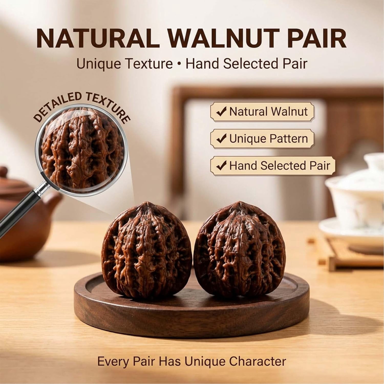 Natural Chinese Wenwan Walnuts - 1.8 Inch Hand Massage Fidget Balls for Stress Relief Relaxation, Smooth Polished Surface, Durable Wear-Resistant Shell Develops Patina, Gift for Adults Seniors