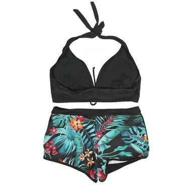 2 Pieces High Waisted Bikini Halter Deep V Neck Printed Removable Chest Pad Elastic Bathsuit for Women Black L