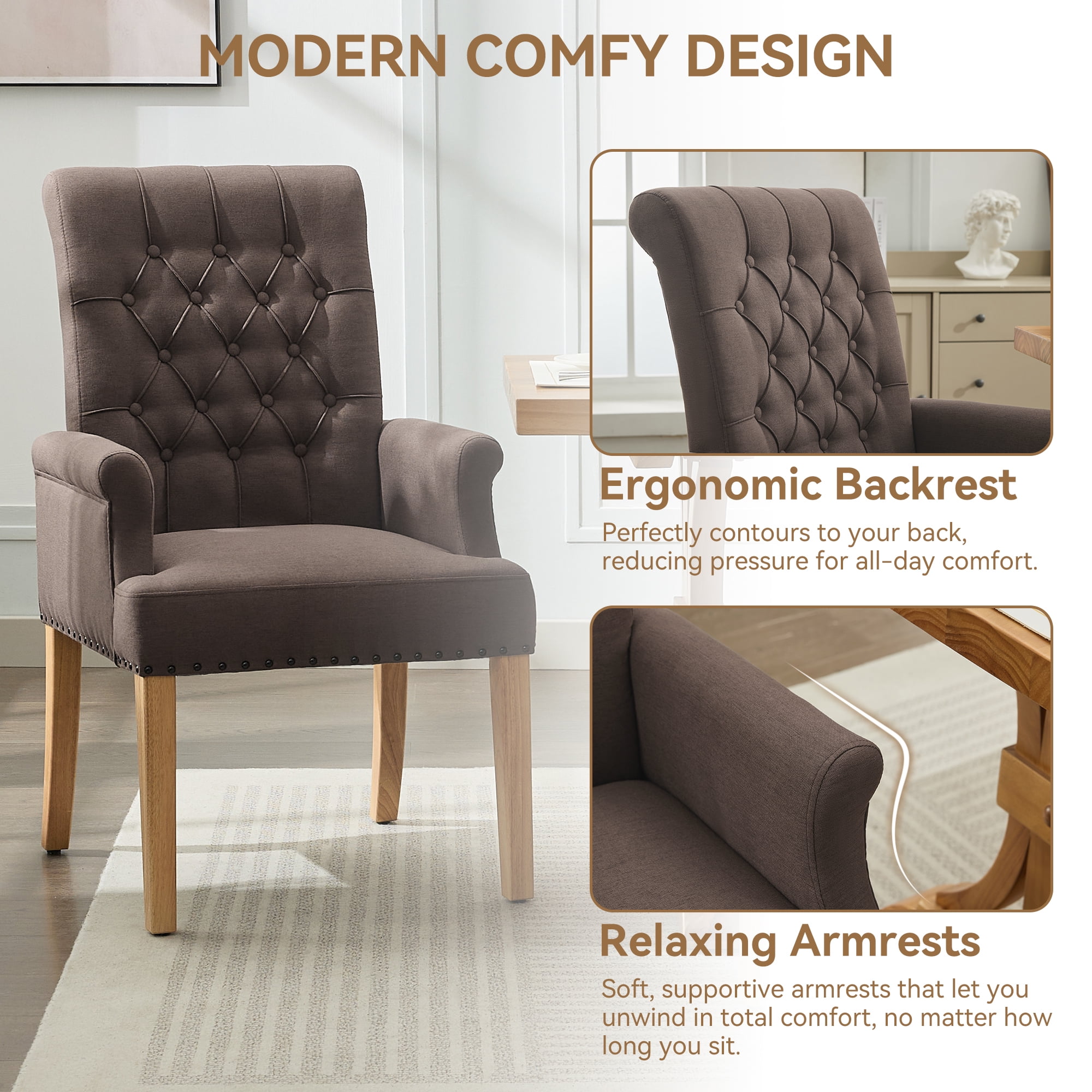 Fabric Upholstered Dining Chair with Arms, Tufted High Back Accent Coffee Armchair for Kitchen Dining Room Living Room, Brown