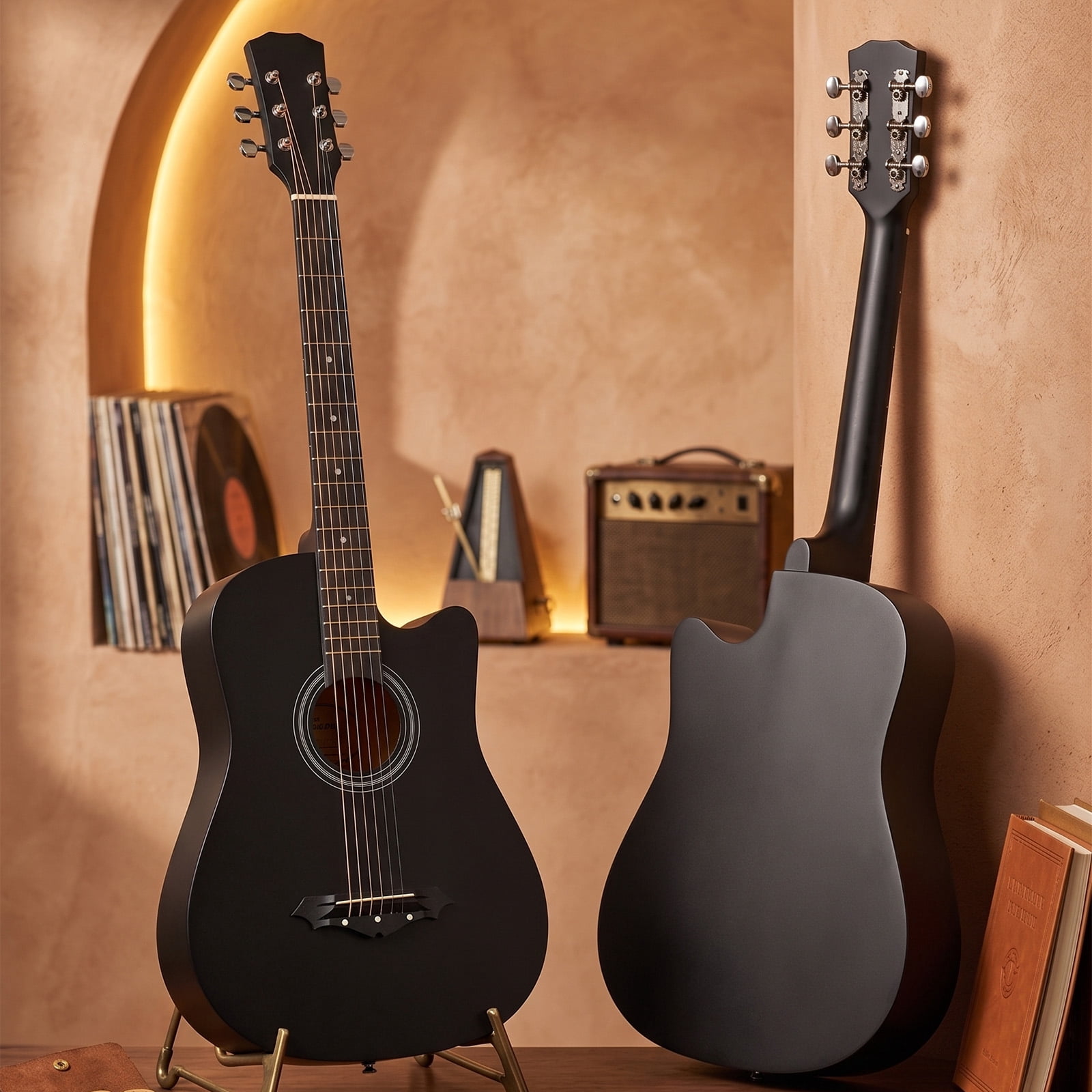 38in Acoustic Guitar with Picks, Strings, Capo, Case, Tuner, and Strap - Matte Black