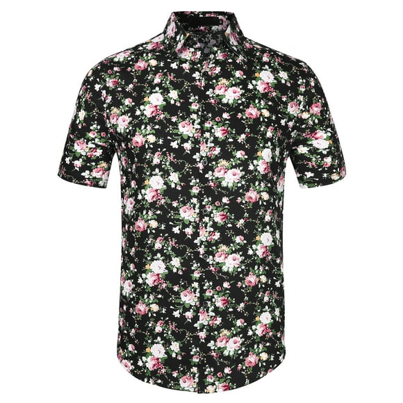 Men Short Sleeve Button Front Floral Print Casual  Hawaiian Shirt Black M