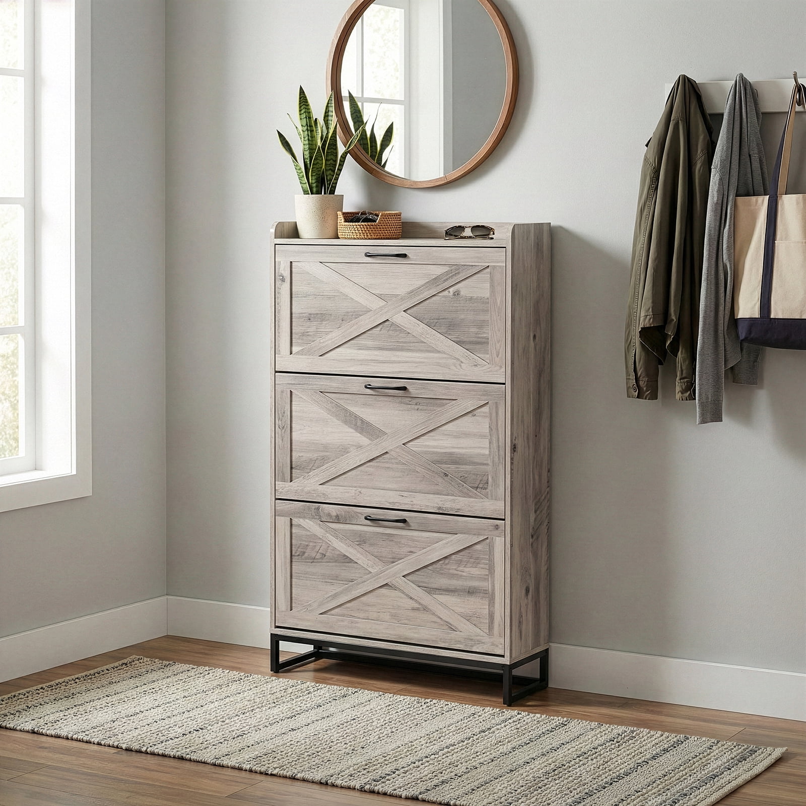 Barn Door Three-Drawer Cabinet With Top Panel, Shoe Cabinet Particleboard, 80*24*145cm