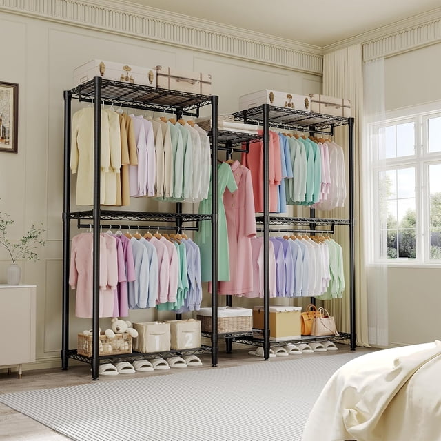 EDTara Metal Garment Rack Closet System, Heavy Duty Freestanding Organizer With Adjustable Hanging Rods and Storage Shelves