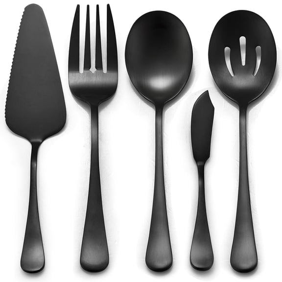 5-Piece Matte Black Serving Utensils Set, Stainless Steel Flatware Serving Set, Ideal for Buffet Catering Party, Satin Finish, Dishwasher Safe