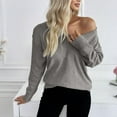 thumbnail image 3 of Women's Scoop V Neck Sweaters Solid Color Long Sleeve Lightweight Knitted Pullovers Casual Loose Fit Outfits Clothes, 3 of 4