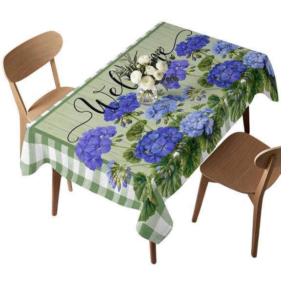 Waterproof Tablecloth Rustic Blue Flower Leaf Rectangle Table Cloth 52x70in,Washable Table Cover Pastoral Plant on Green Wood Buffalo Plaid Tablecloths for Dining Tables Kitchen Picnic Party