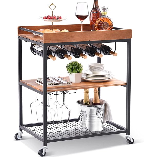 ENKERN Wine Bar Cart, Solid Acacia Wood Home Bar Serving Carts on