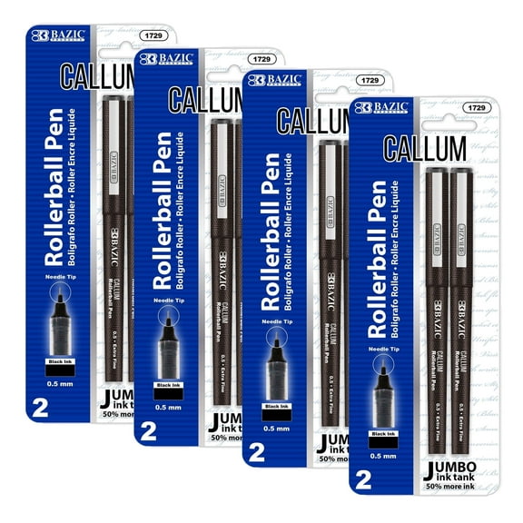 BAZIC Callum 0.5mm Rollerball Pen, Black Ink Needle Tip Fine Point Ink Pens (2/Pack), 4-Packs