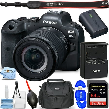 Canon EOS R6 Mirrorless Digital Camera with 24-105mm f/4-7.1 Lens - Essential Bundle Includes: Sandisk Extreme Pro 64GB SD, Memory Card Reader, Gadget Bag, Blower. Microfiber Cloth and Cleaning Kit