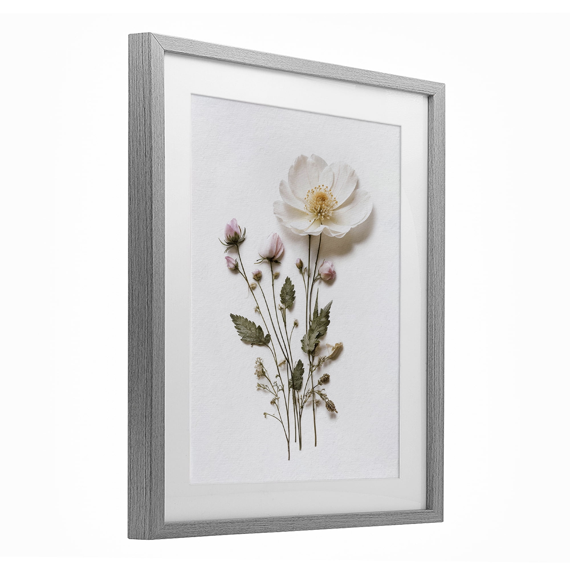 Simple Pressed Flowers Gray Framed Print Under Glass, design by Lettered and Lined