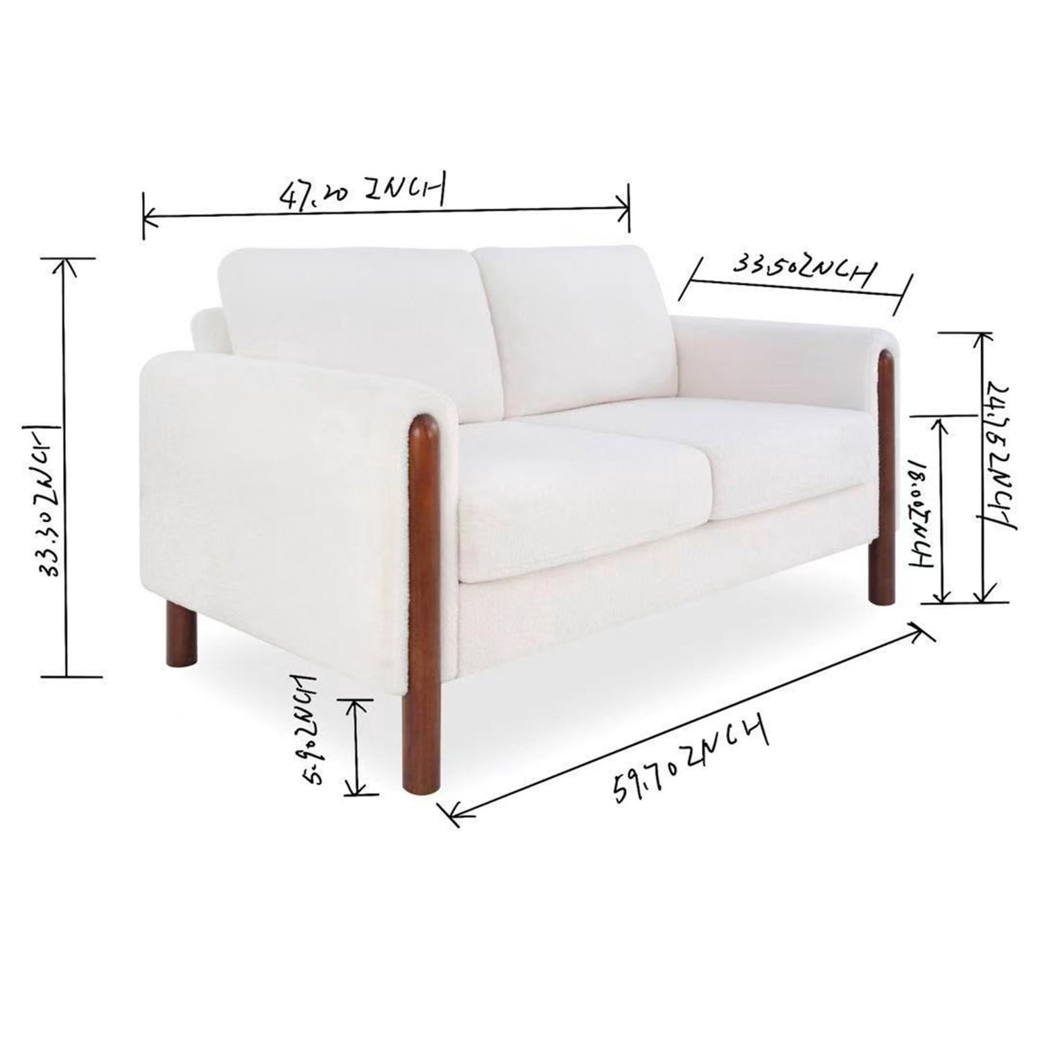 Mid Century Modern 2 Seater Loveseat Sofa Teddy Fabric Upholstered Couch with Walnut Legs and Back Pillows for Living Room Bedroom Office, White