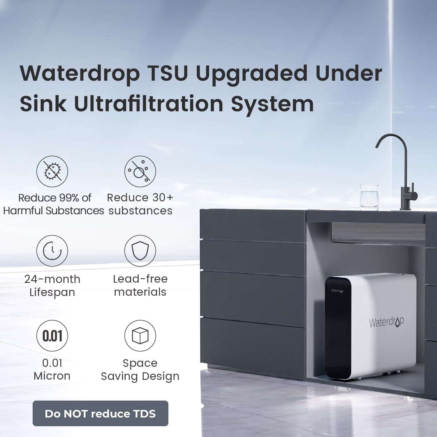 Restored Waterdrop TSU 0.01μm Ultra-Filtration Under Sink Water Filter System, 3-Stage Tankless Undersink Water Filtration with Faucet, Does not Lower TDS (NOT RO), Drilling Require (Refurbished)