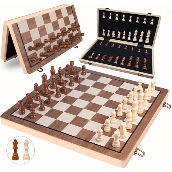 15 Inches Magnetic Wooden Chess Set - 2 Extra Queens - Folding Board - Pieces Storage Slots, Handmade Portable Travel Chess Game