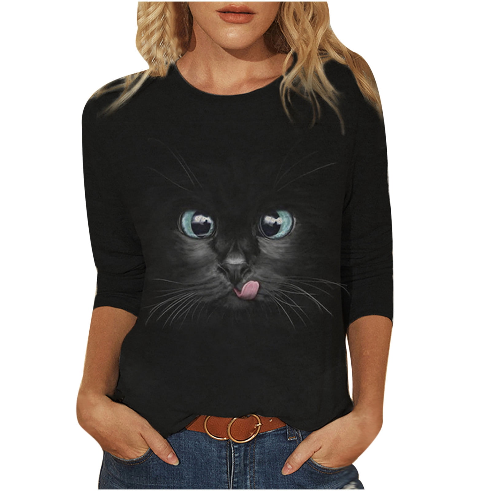 Corset Tops For Women Fashion Night Out Crew Neck Blouses Womens Tshirts Loose Fit Long Sleeve Sun Shirt Summer Blouse Women Summer Solid Cat Print S Tops Women Cat S Top Xl