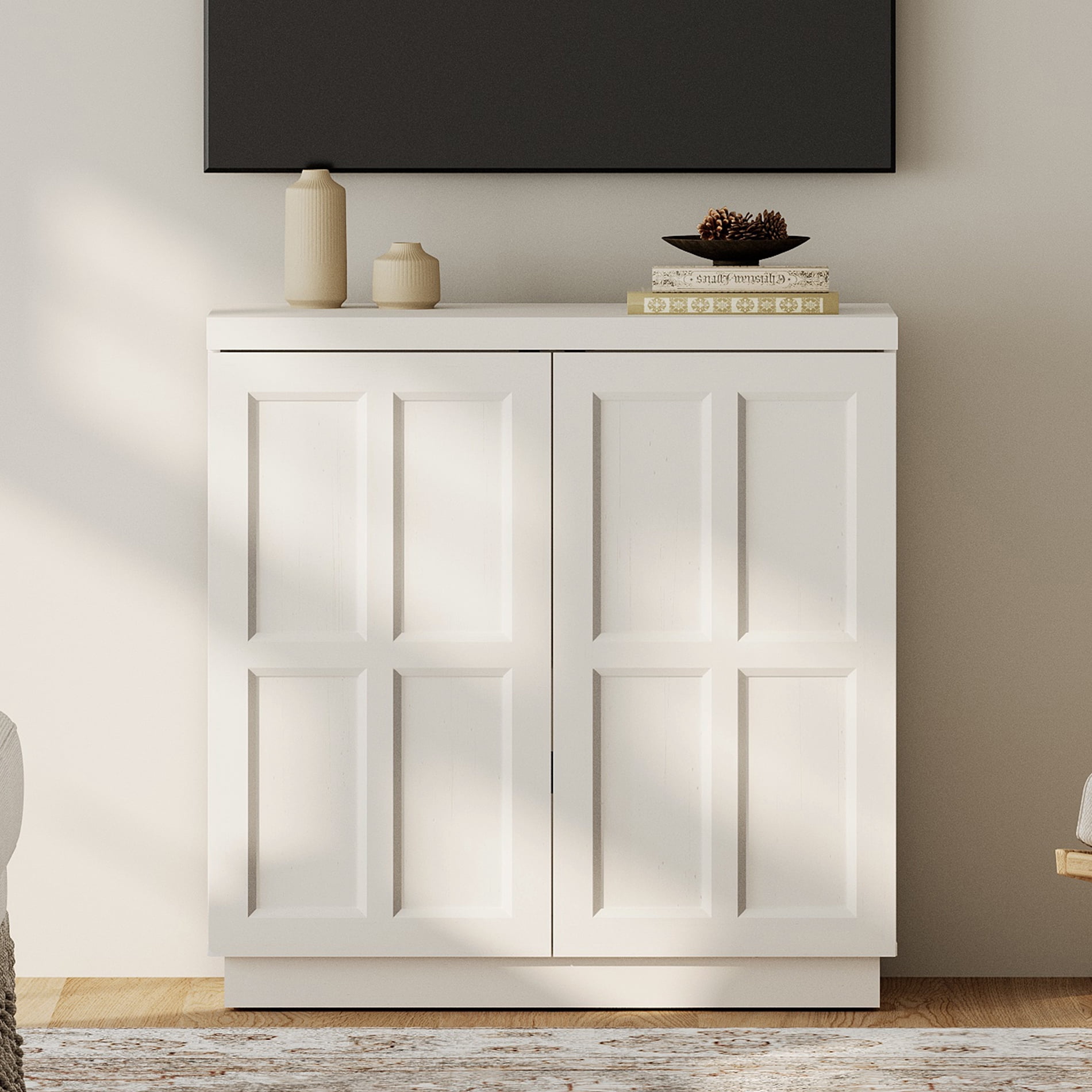 HOMOOI TV Stand for 26-40"TV, Boho 31.5" Wood Media Console with Doors, Adjustable Shelves and Cable Management Hole, Heavy-Duty Entertainment Center for Living Room, Bedroom,White