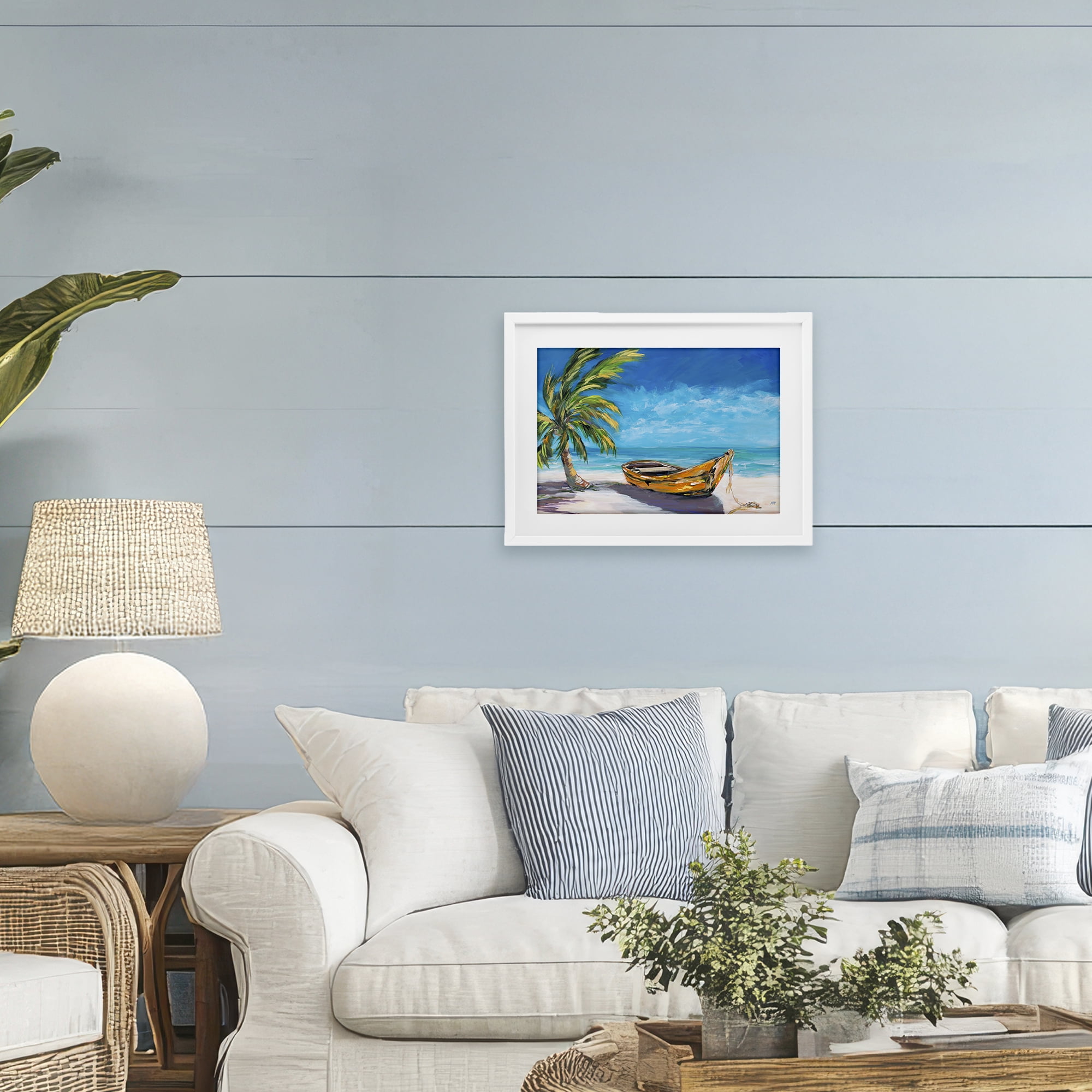 Stupell Industries Lost Island Palm & Boat White Framed Print Under Glass, design by Julie DeRice