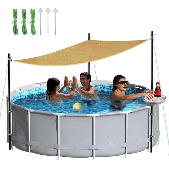 Above Ground Pool Canopy Sunshade Set with Storage Tray - Pool Shade Sail Triangular 13'x13'x13' for 15-22 FT Pools, UV-Resistant Shade Cloth, Swimming Pool Awning Cover for Deck, Patio, Garden