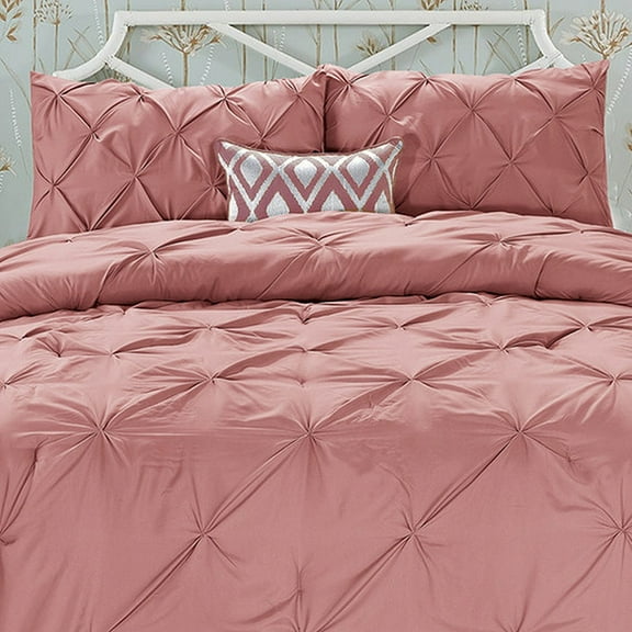 Elegant Comfort Wrinkle Resistant - All Season Luxury Silky Soft Pintuck 3-Piece Comforter Set - King Coral