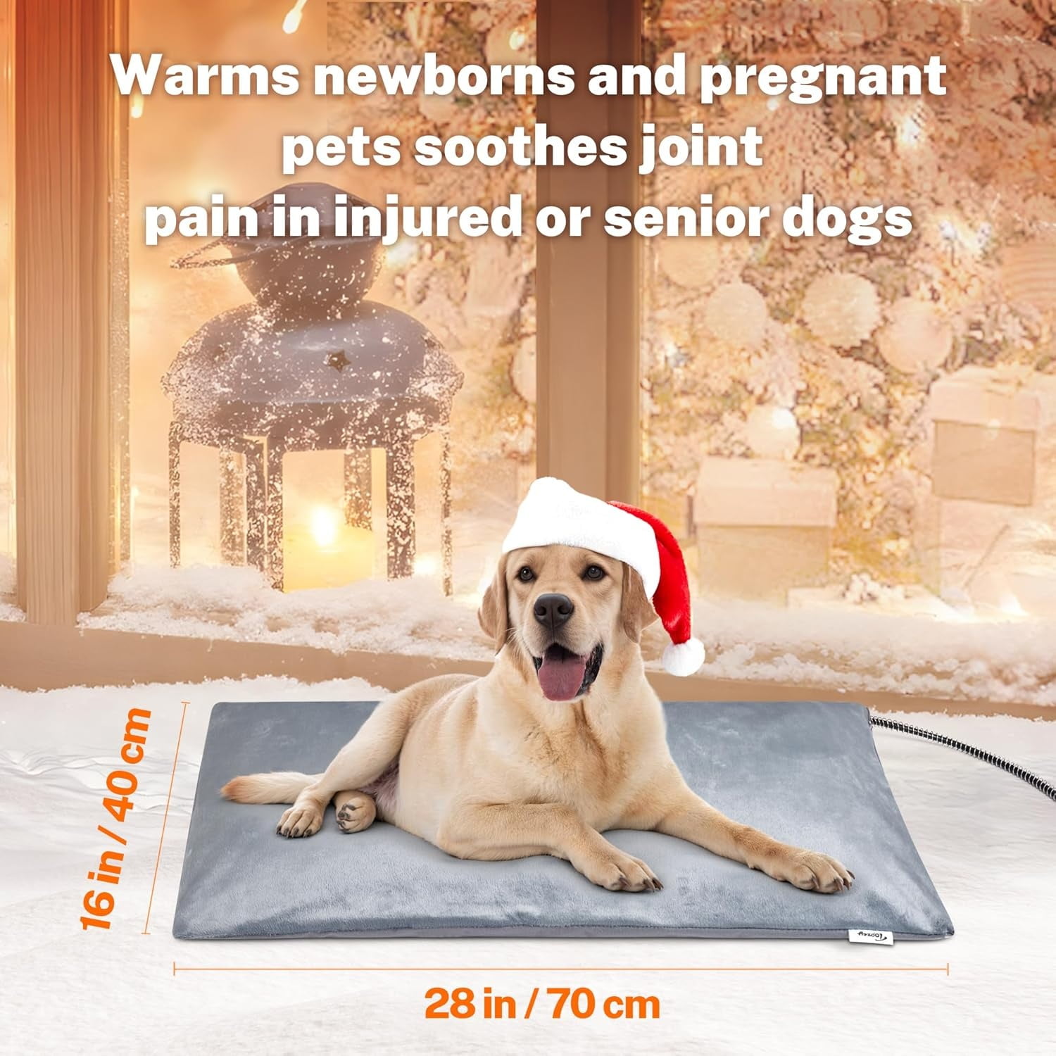 Outdoor Pet Heating Pad 28x16in, Extremely Waterproof Heated Bed for Dogs and Cats, Thermostatic Control, Chew-Resistant Cord, Soft Electric Blanket with Overheat Protection