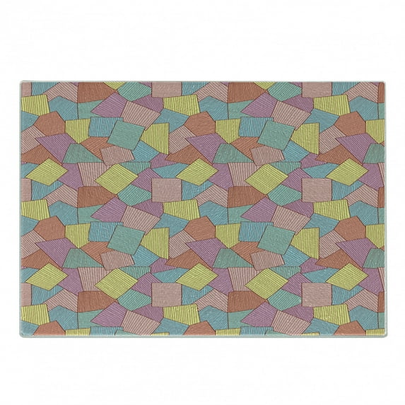 Geometric Cutting Board, Abstract Tile Pattern with Thin Stripes Colorful Vintage Square Shapes Design, Decorative Tempered Glass Cutting and Serving Board, Small Size, Multicolor, by Ambesonne